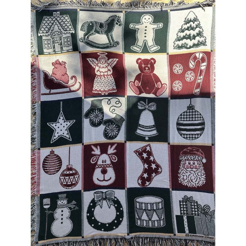 Crown Crafts Christmas Toys TAPESTRY Blanket 59 X 45"  Fringed Woven Throw